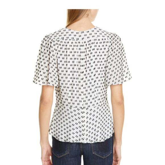 Lewit Clipped Dot Blouse Size M White Black Silk Cotton Crepe Flutter Sleeve Top - Picture 7 of 12